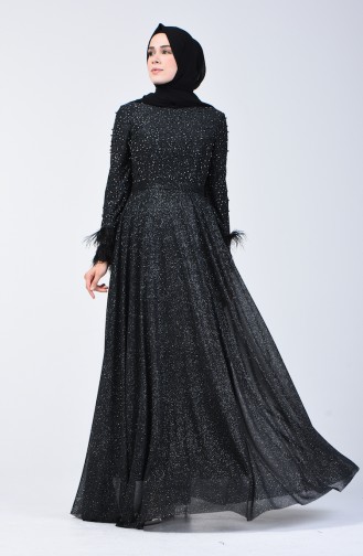 فستان سهرة مزين باللؤلؤ أسود 3062-03