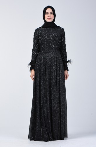 فستان سهرة مزين باللؤلؤ أسود 3062-03