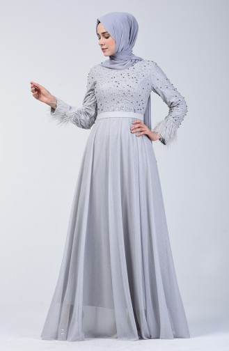 Gray Hijab Evening Dress 3062-08