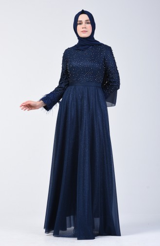 Navy Blue Hijab Evening Dress 3062-06