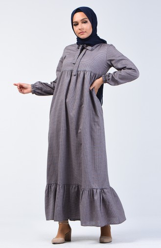 فستان مطوي بياقة ربطة عنق رمادي وكحلي 1367-06