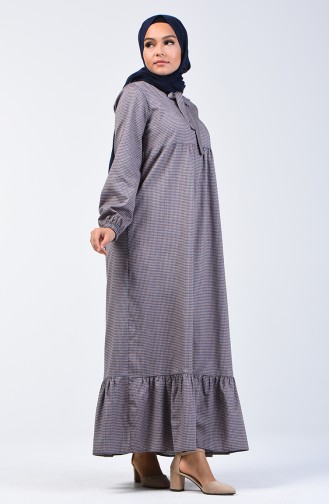 فستان مطوي بياقة ربطة عنق رمادي وكحلي 1367-06
