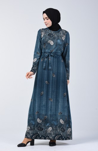 Desenli Kuşaklı Elbise 5708-03 Mavi