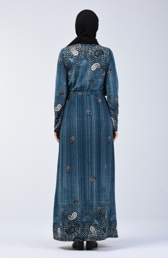 Desenli Kuşaklı Elbise 5708-03 Mavi