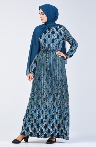 Desenli Kuşaklı Elbise 5708A-02 Mavi