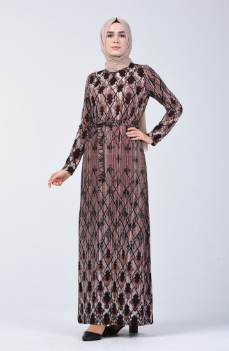 Decorated Belted Dress 5708A-04 Brown 5708A-04