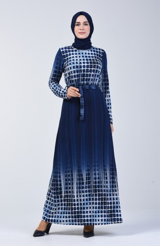 Desenli Kuşaklı Elbise 5708B-03 Mavi