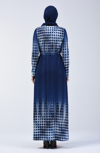 Desenli Kuşaklı Elbise 5708B-03 Mavi
