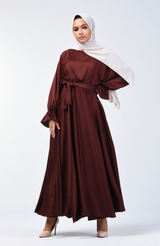 Yarasa Kol Kuşaklı Elbise 5129-01 Kahverengi