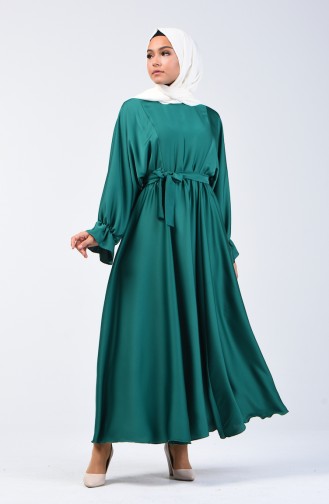 فستان بحزام وأكمام خفاش أخضر زمردي 5129-05