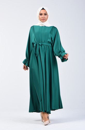 Yarasa Kol Kuşaklı Elbise 5129-05 Zümrüt Yeşili 5129-05