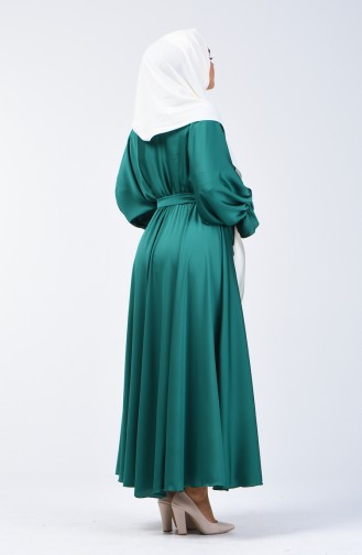 فستان بحزام وأكمام خفاش أخضر زمردي 5129-05