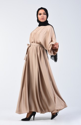 Yarasa Kol Kuşaklı Elbise 5129-06 Bej 5129-06