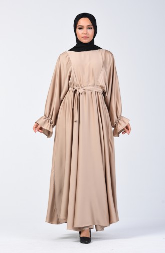 Yarasa Kol Kuşaklı Elbise 5129-06 Bej 5129-06