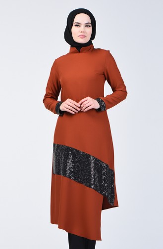 Payetli Uzun Tunik 5124-03 Taba