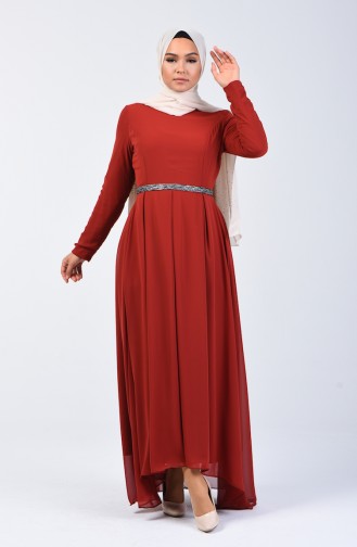 فستان شيفون مطوي قرميدي 5128-03