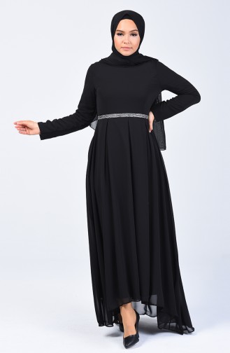 Pileli Şifon Elbise 5128-06 Siyah
