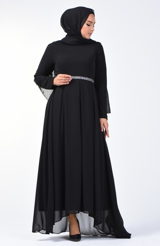 Pileli Şifon Elbise 5128-06 Siyah
