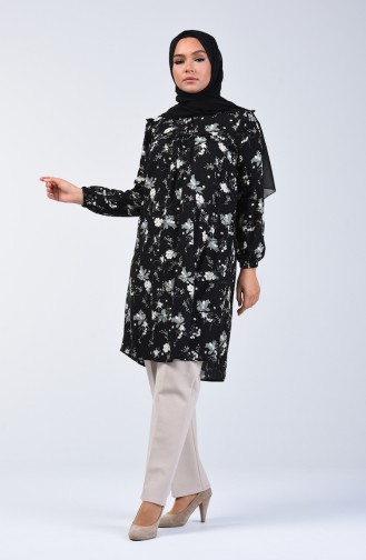 Flower Patterned Viscose Tunic 0005B-02 Black 0005B-02