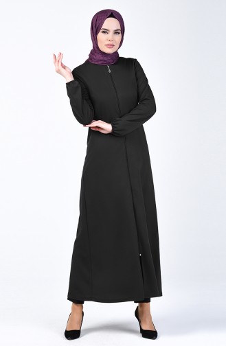 Abaya à Fermeture Manche Élastique 3053-01 Noir 3053-01