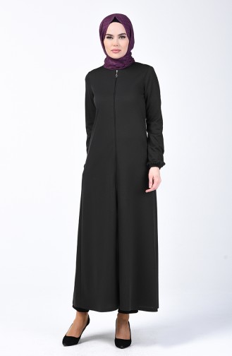 Abaya à Fermeture Manche Élastique 3053-01 Noir 3053-01