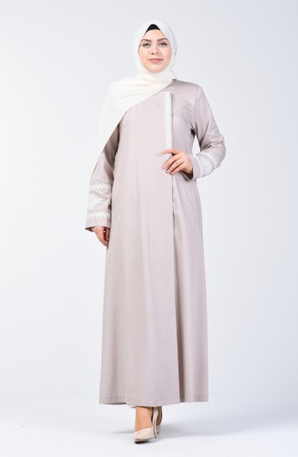 Grösse Grosse Bestickter Hijab-Mantel 0809-01 Beige 0809-01