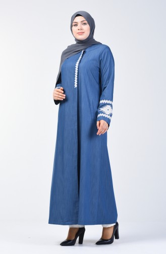 Grösse Grosse Bestickter Hijab-Mantel 0809-02 Jeansblau 0809-02