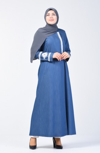 Grösse Grosse Bestickter Hijab-Mantel 0809-02 Jeansblau 0809-02