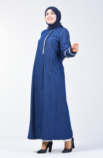 Grosse Grösse Besticktes Abaya 0809-03 Dunkelblau 0809-03