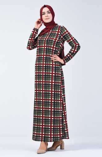 Elastic Patterned Dress 8863-02 Khaki Claret Red 8863-02