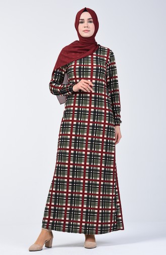 Robe à Motifs Manches Élastiques 8863-02 Khaki Bordeaux 8863-02