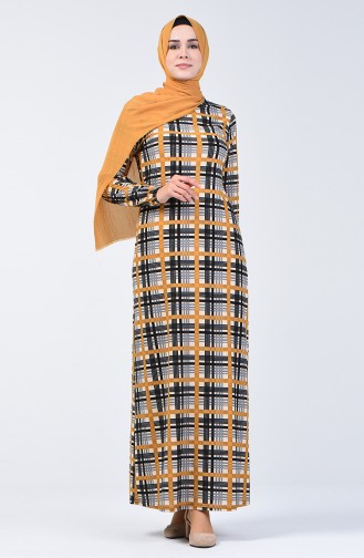 Kolu Lastikli Desenli Elbise 8863-04 Siyah Hardal 8863-04