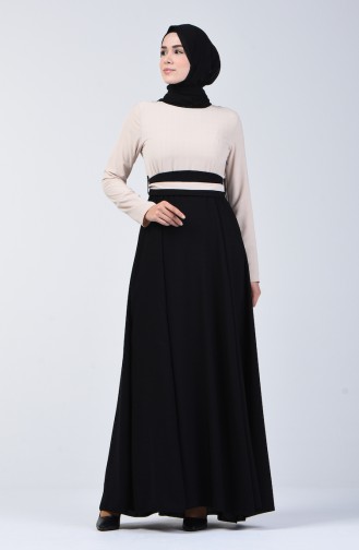 Garni Belted Dress 6845-01 Beige Black 6845-01