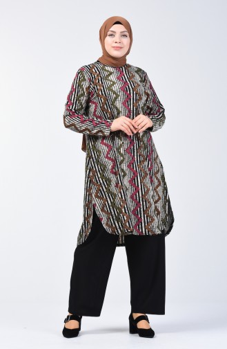 Plus Size Patterned Tunic Trousers Double Suit 2657B-02 Khaki Black 2657B-02