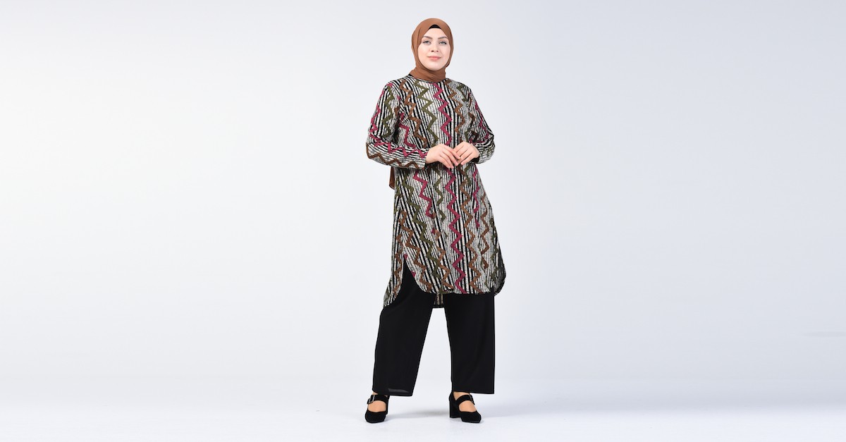 Ensemble Deux Pieces Pantalon Tunique à Motifs Grande Taille 2657B-02