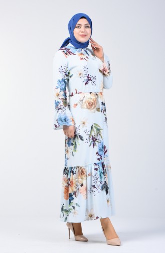 فستان منقوش بالأزهار مقاس كبير أزرق ثلجي 7939-04