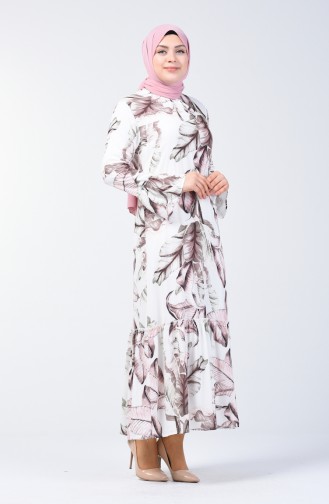 فستان منقوش بالأزهار مقاس كبير سكري وبني مائل للرمادي 7939A-03