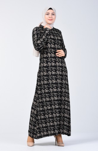 Büyük Beden Desenli Elbise 8003-01 Siyah