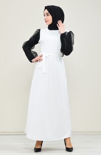 Puff Sleeve Belted Dress 2007-01 Ecru 2007-01