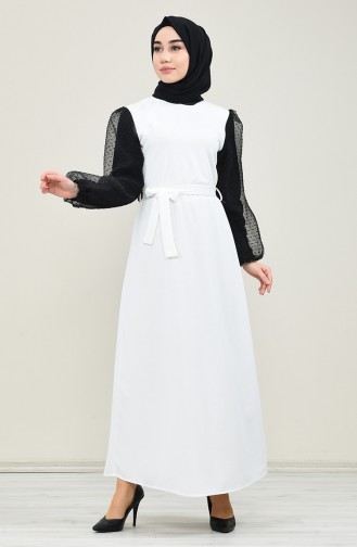 Puff Sleeve Belted Dress 2007-01 Ecru 2007-01