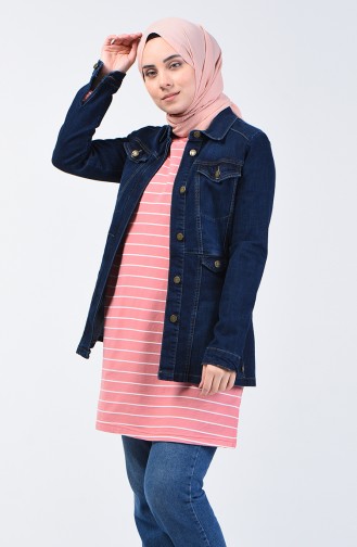 Short Denim Jacket with Pockets 6082-02 Navy Blue 6082-02