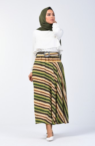 Elastic Belted Skirt 1063-01 Pistachio Green Beige 1063-01