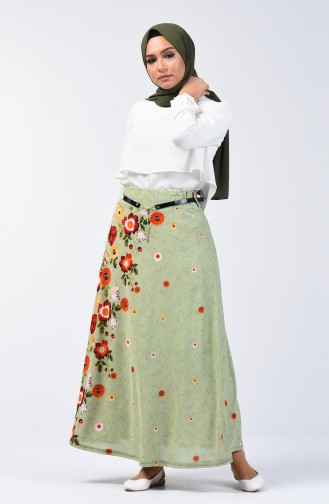 Elastic Waist Belted Skirt 1074-02 Pistachio Green 1074-02