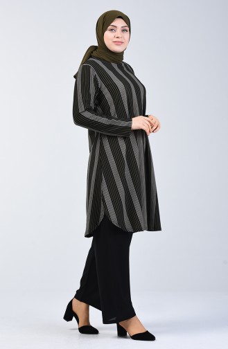Plus Size Patterned Tunic Trousers Double Suit 2657-03 Black Khaki 2657-03