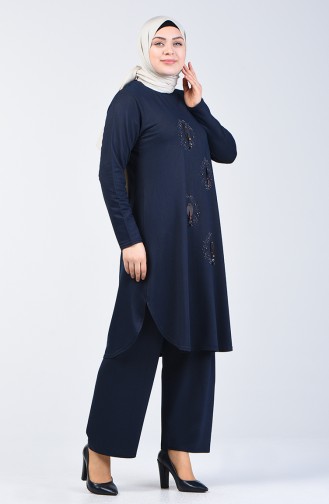 Plus Size Pearled Tunic Trousers Double Set 2685-04 Navy Blue 2685-04