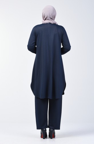 Ensemble Deux Pieces Tunique İmprimée de Pierre Pantalon Grande Taille 2687-01 Bleu Marine 2687-01