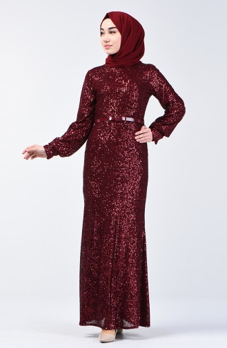 فستان سهرة مزين بالترتر أحمر كلاريت 81765-02