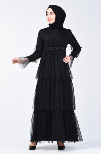 Robe de Soirée en Tulle Avec Pierre 6058-02 Noir 6058-02