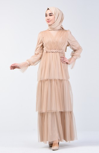 Robe de Soirée en Tulle Avec Pierre 6058-04 Beige 6058-04