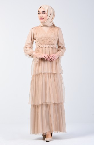 Robe de Soirée en Tulle Avec Pierre 6058-04 Beige 6058-04